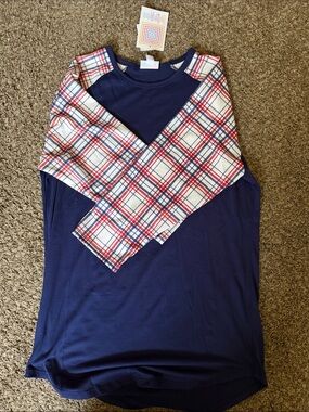 LuLaRoe Navy Top with Red & White Plaid Sleeves